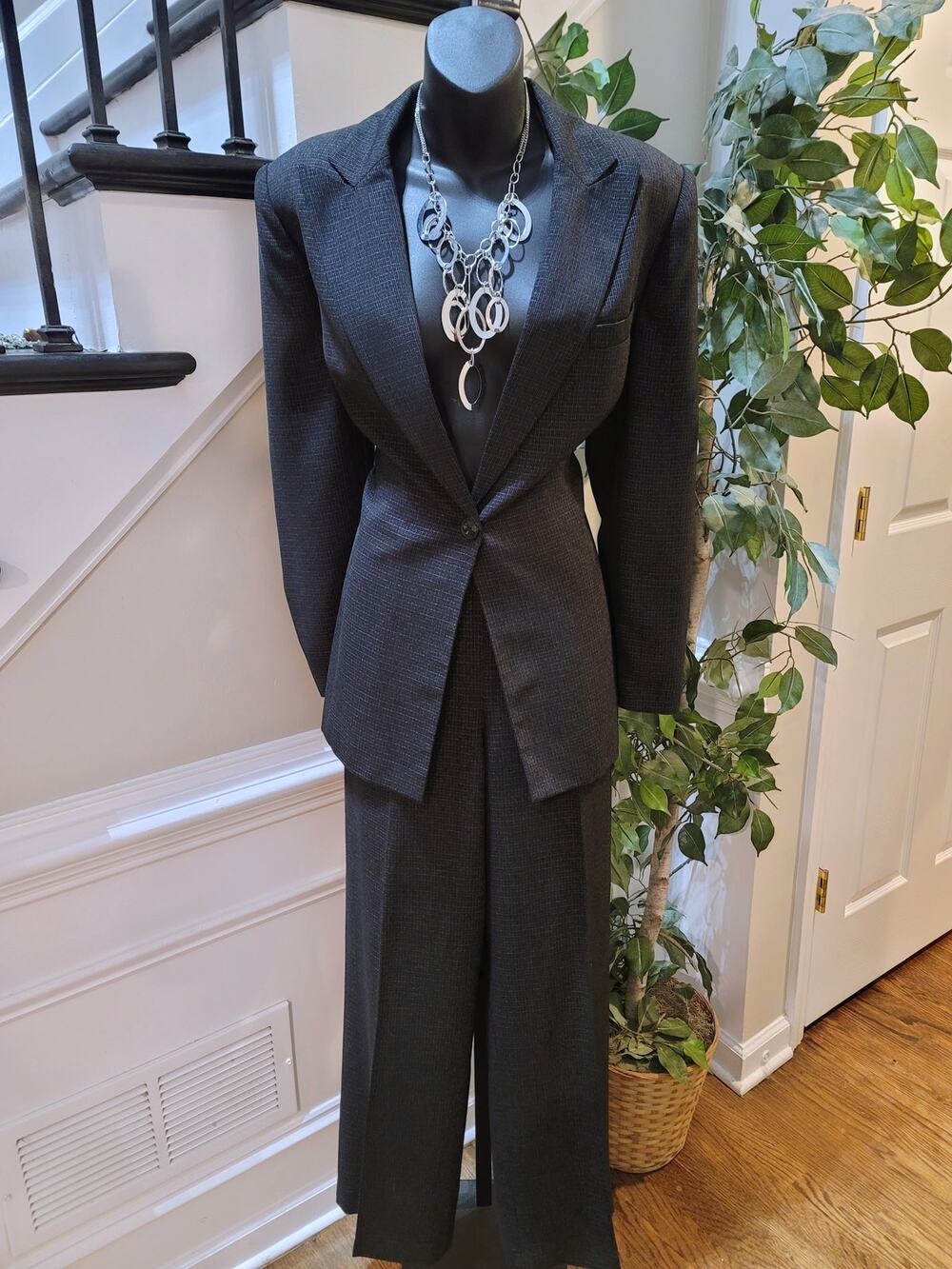 Le Suit Pant Suit Women SZ 12 Black Micro-Plaid Single Button Blazer Fully Lined